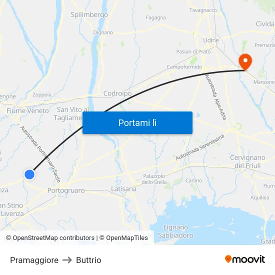 Pramaggiore to Buttrio map