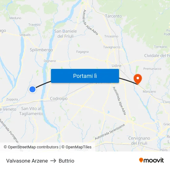 Valvasone Arzene to Buttrio map