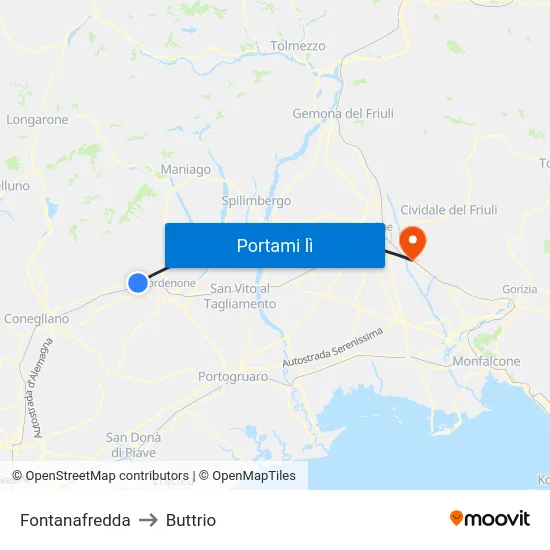 Fontanafredda to Buttrio map