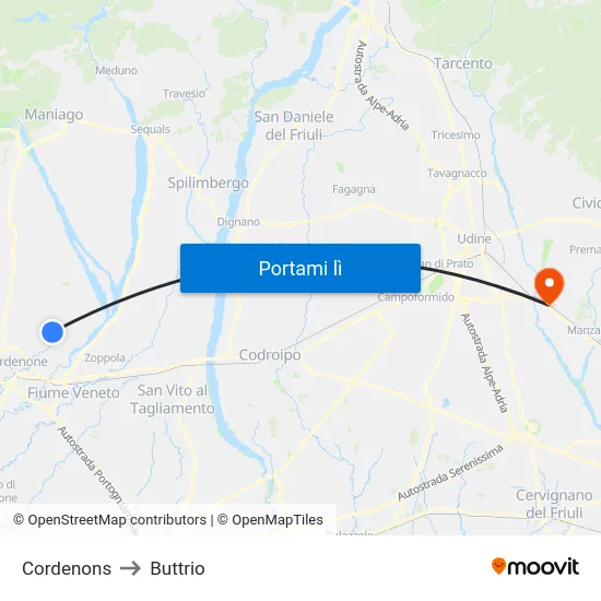 Cordenons to Buttrio map