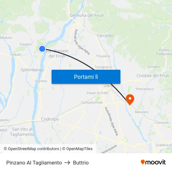 Pinzano Al Tagliamento to Buttrio map