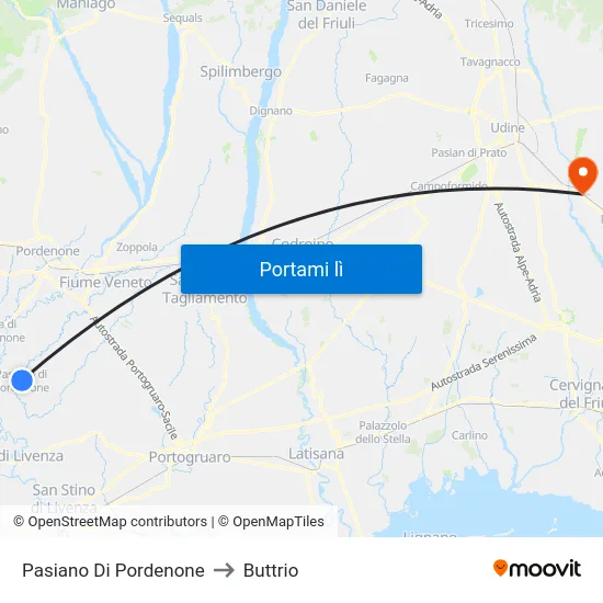 Pasiano Di Pordenone to Buttrio map