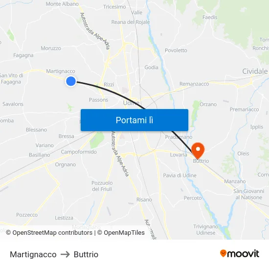 Martignacco to Buttrio map