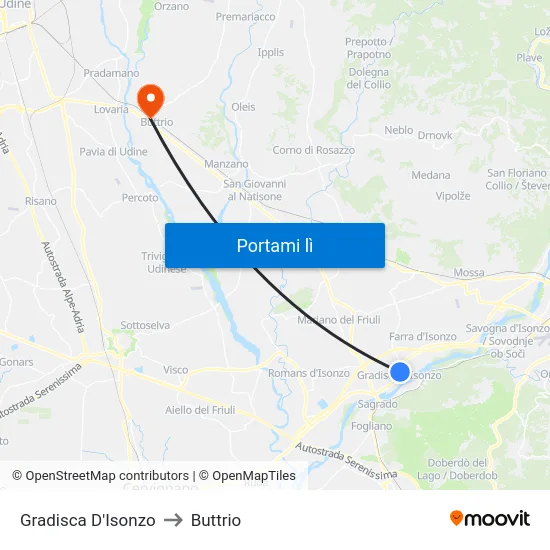 Gradisca D'Isonzo to Buttrio map