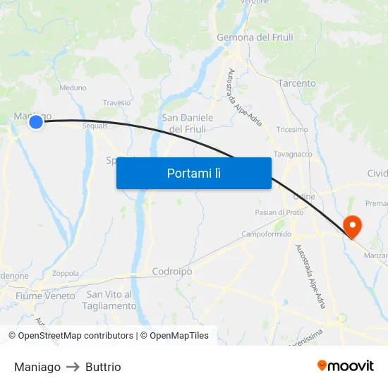 Maniago to Buttrio map