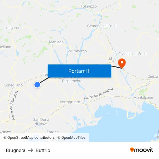 Brugnera to Buttrio map