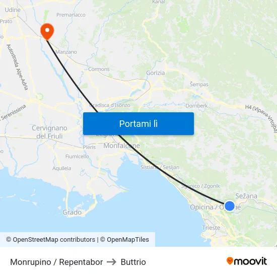 Monrupino / Repentabor to Buttrio map