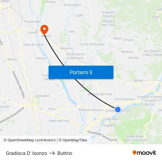 Gradisca D' Isonzo to Buttrio map