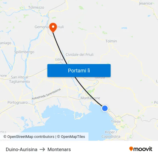 Duino-Aurisina to Montenars map