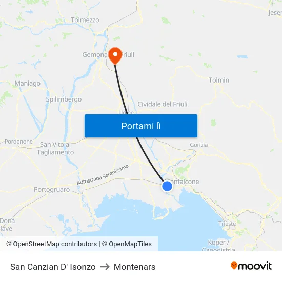 San Canzian D' Isonzo to Montenars map