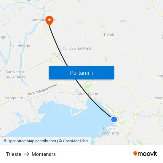Trieste to Montenars map