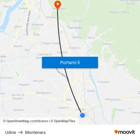 Udine to Montenars map