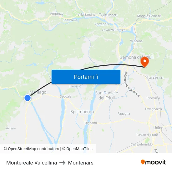 Montereale Valcellina to Montenars map