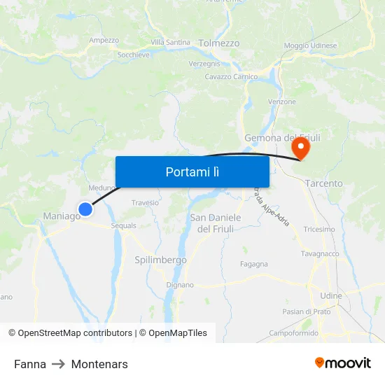 Fanna to Montenars map
