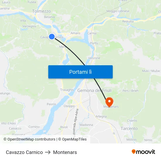 Cavazzo Carnico to Montenars map
