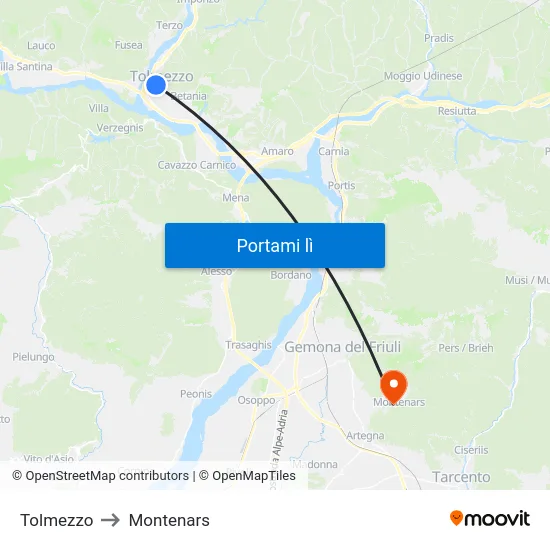Tolmezzo to Montenars map