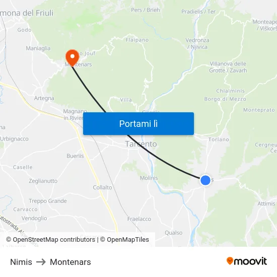 Nimis to Montenars map