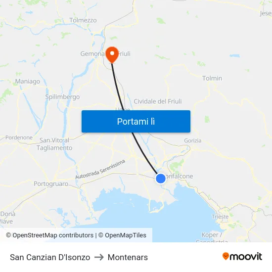 San Canzian D'Isonzo to Montenars map