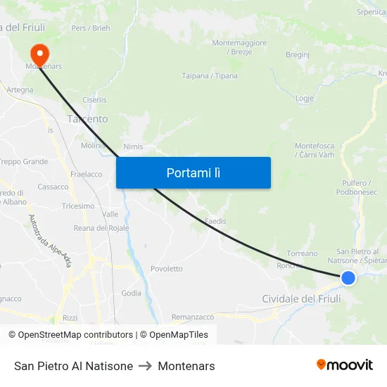 San Pietro Al Natisone to Montenars map