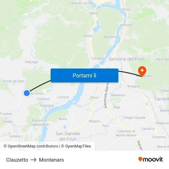 Clauzetto to Montenars map