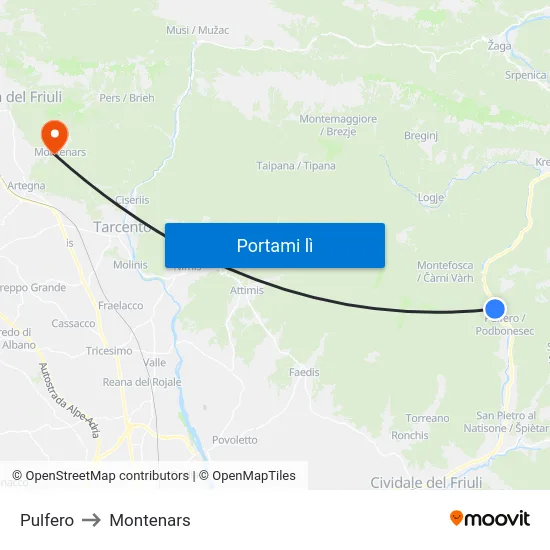 Pulfero to Montenars map