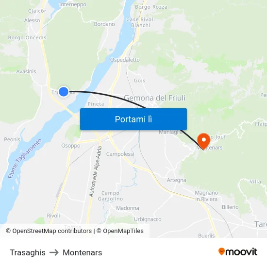 Trasaghis to Montenars map