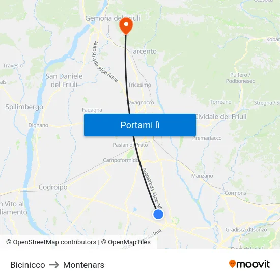 Bicinicco to Montenars map