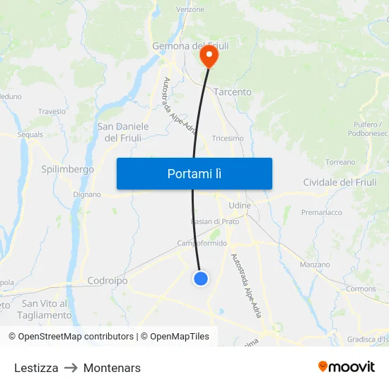 Lestizza to Montenars map