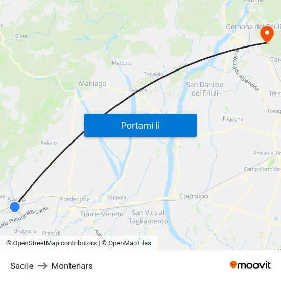 Sacile to Montenars map