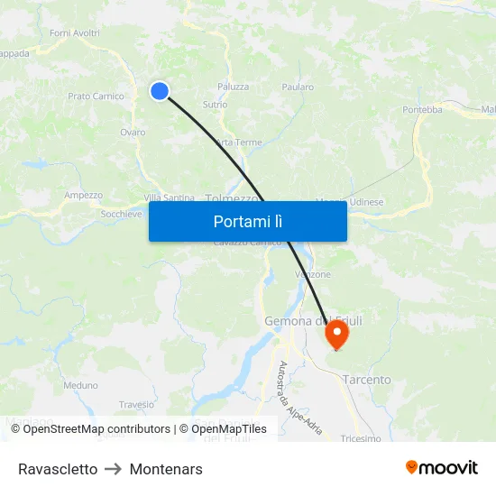 Ravascletto to Montenars map