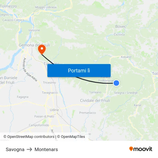 Savogna to Montenars map