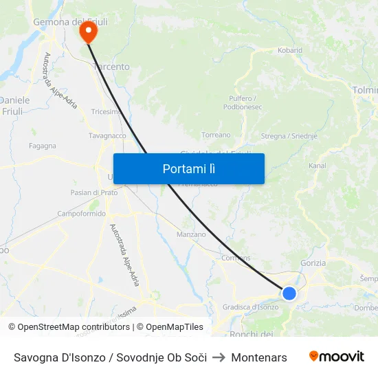 Savogna D'Isonzo / Sovodnje Ob Soči to Montenars map
