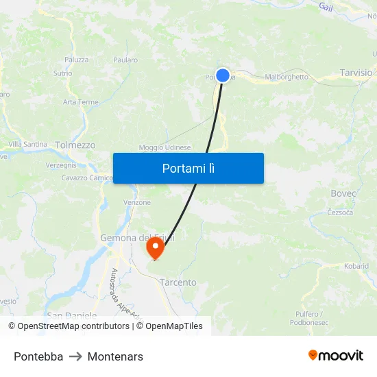 Pontebba to Montenars map