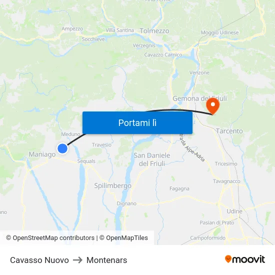 Cavasso Nuovo to Montenars map