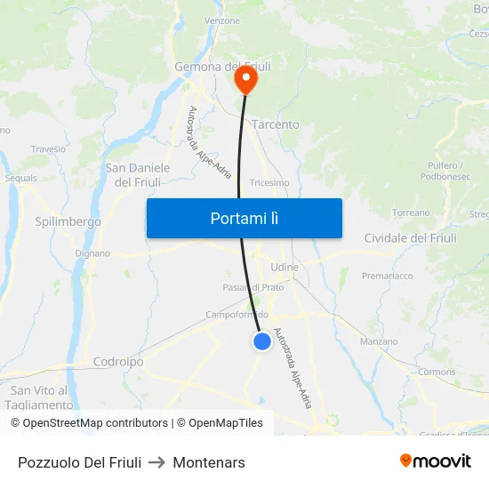 Pozzuolo Del Friuli to Montenars map