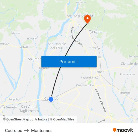 Codroipo to Montenars map