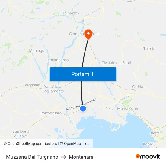 Muzzana Del Turgnano to Montenars map