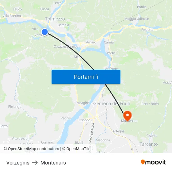 Verzegnis to Montenars map