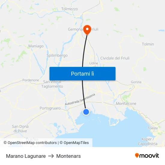 Marano Lagunare to Montenars map