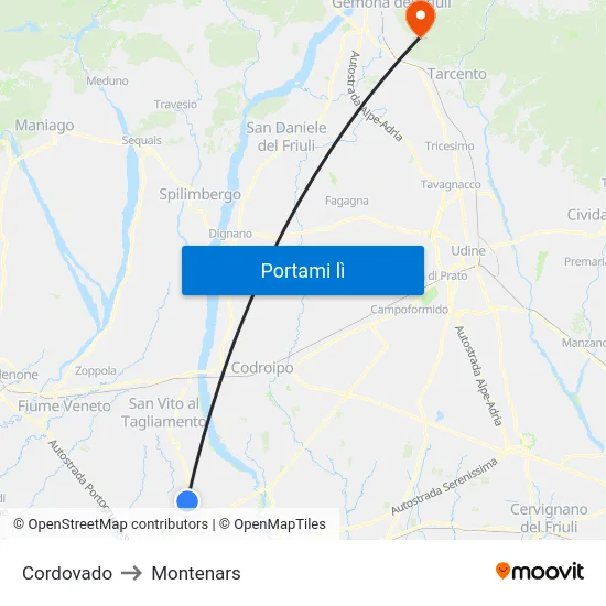 Cordovado to Montenars map