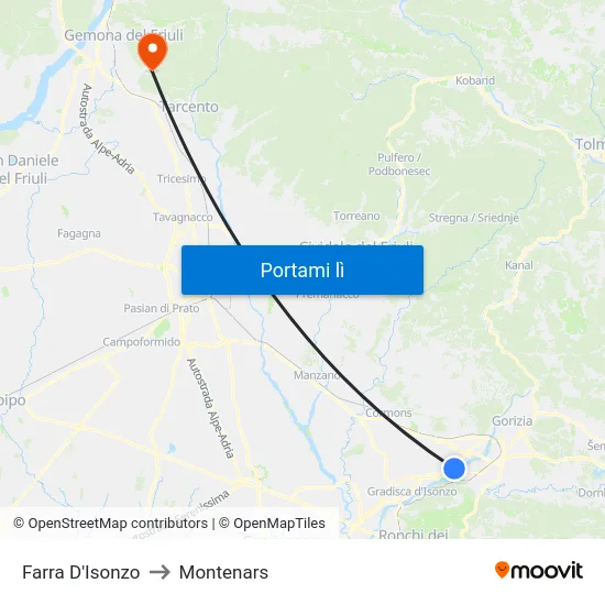 Farra D'Isonzo to Montenars map