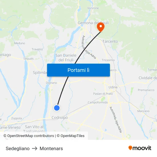 Sedegliano to Montenars map