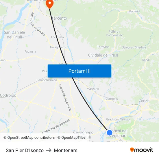 San Pier D'Isonzo to Montenars map