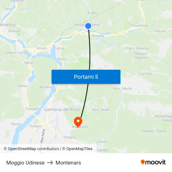 Moggio Udinese to Montenars map