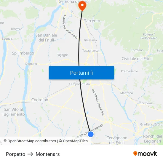 Porpetto to Montenars map