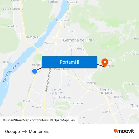 Osoppo to Montenars map