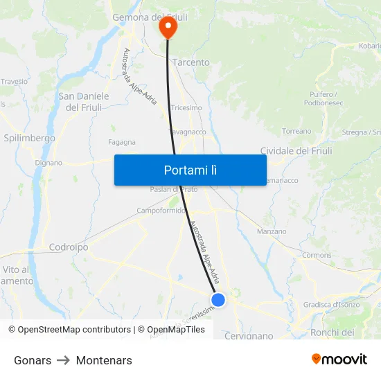 Gonars to Montenars map