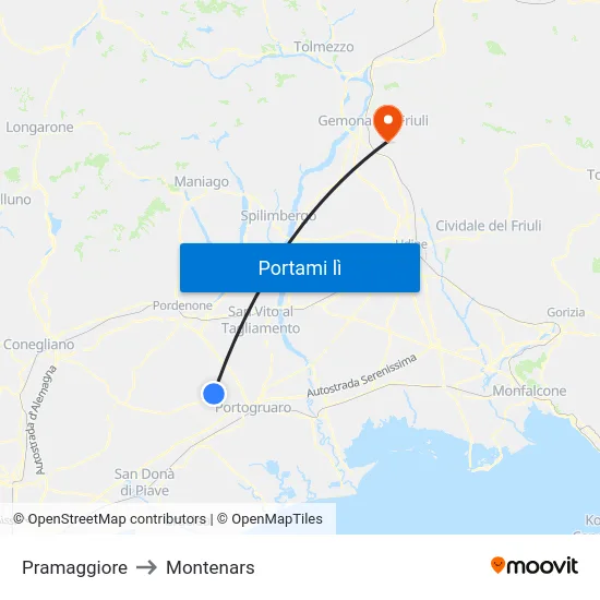 Pramaggiore to Montenars map