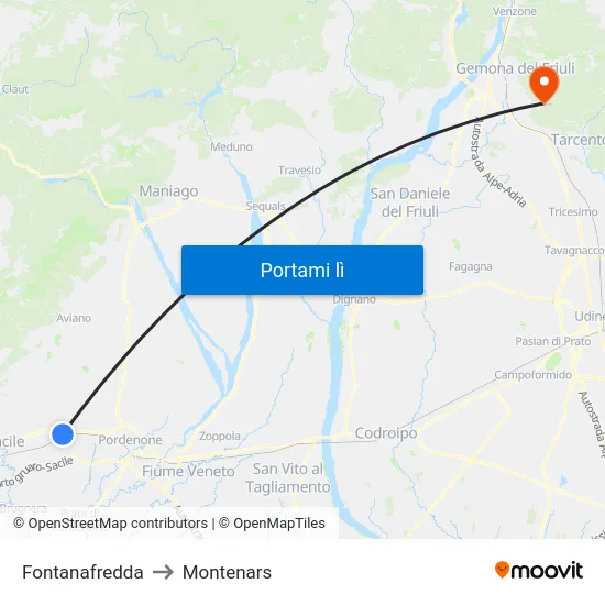 Fontanafredda to Montenars map