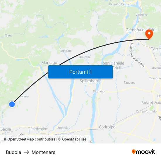 Budoia to Montenars map